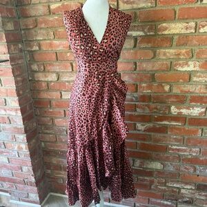 Rebecca Taylor Pink Leopard Print Ruffle Wrap Midi Dress